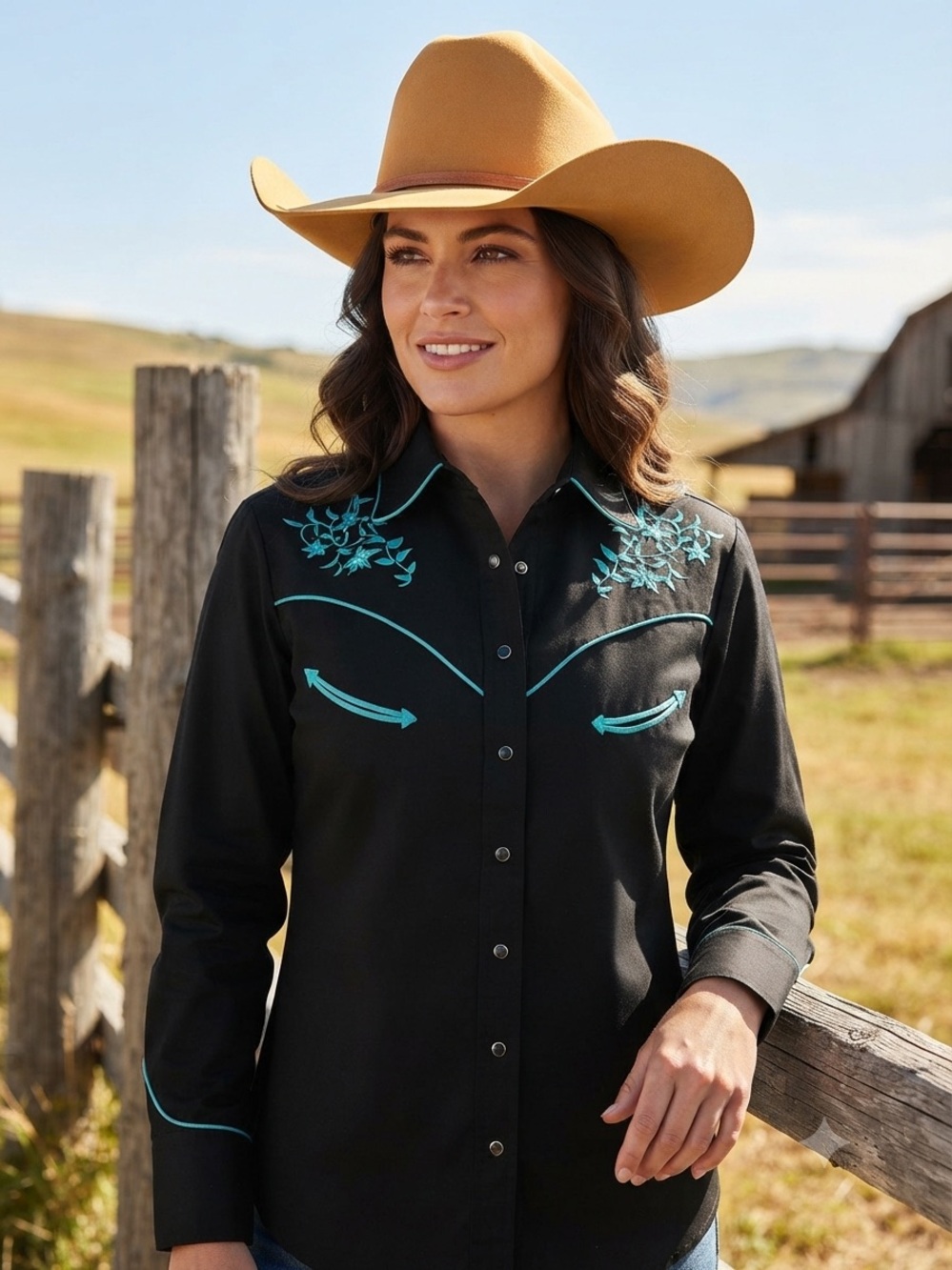 Ely Country Charmers VTG Western Embroidered Snap-Front Shirt - Black Turquoise